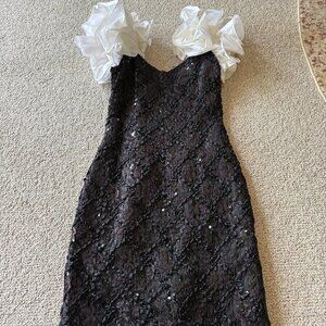 Vintage Susan Roselli for Vijack Dress | Black Lace & Sequins | Size 4 | Y2K Gla